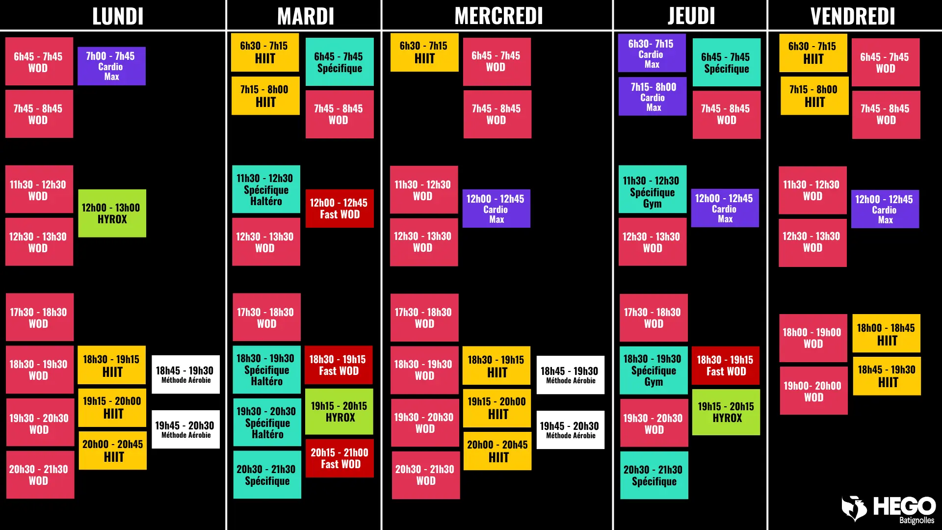 Planning semaine Hego Batignolles salle de sport Paris 17