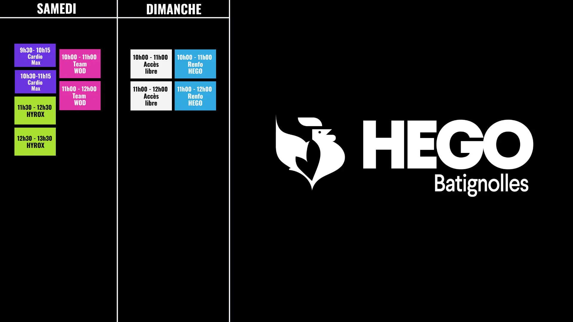 Planning week-end Hego Batignolles salle de sport Paris 17
